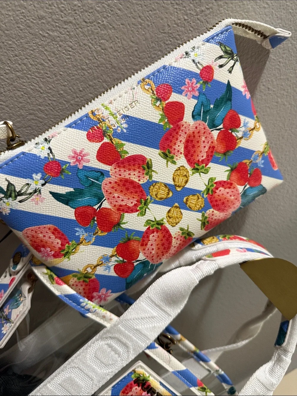 Kurt Geiger Clear Tote with White Straps and Strawberry Print